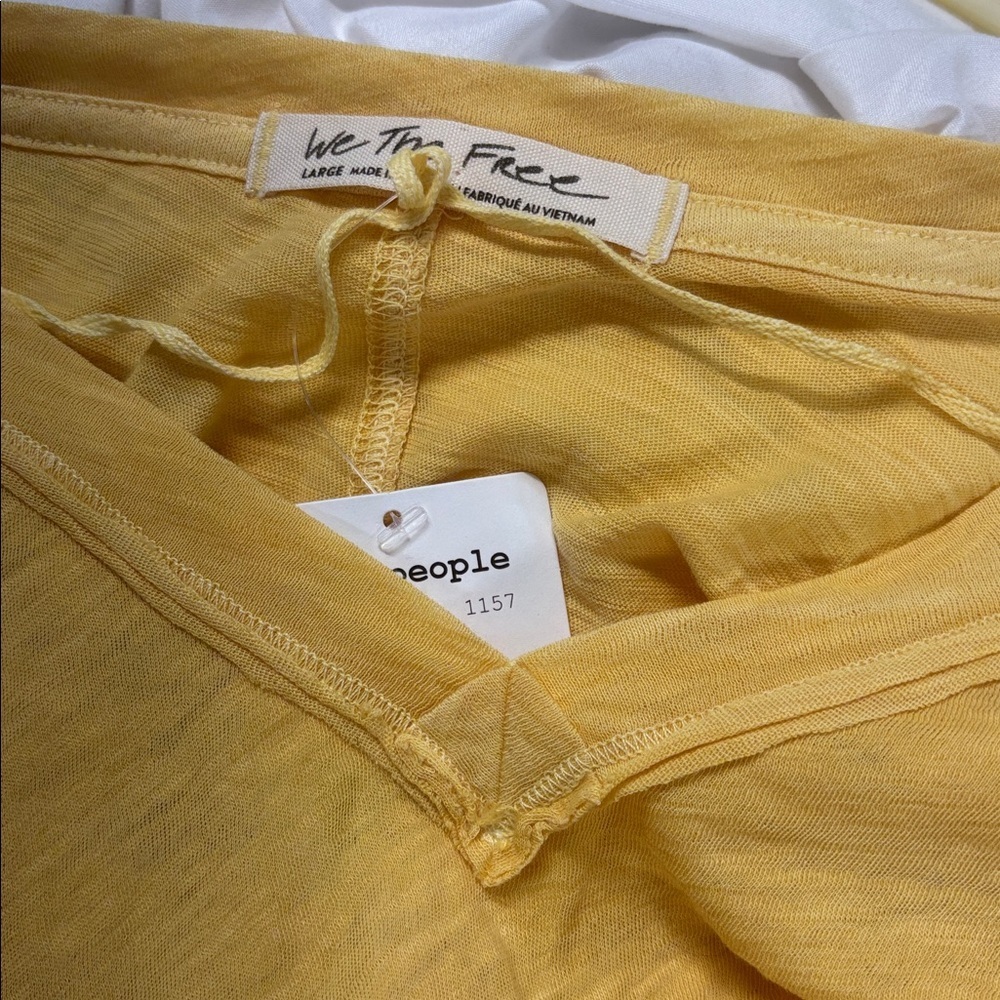 Free People Yellow Long Sleeve V-Neck raw hem open sides cotton blend shirt L - Picture 9 of 11